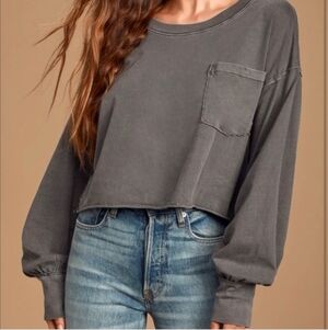 We The Free x Free People Cotton Cropped Long-Sleeve Pocket Top in Charcoal Gray
